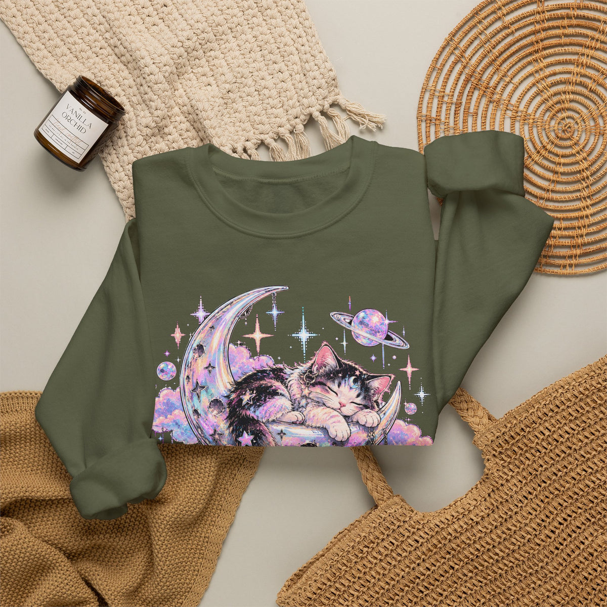 Sleeping Cat on Crescent Moon Sweatshirt Pastel Kawaii Celestial Kitten Crewneck