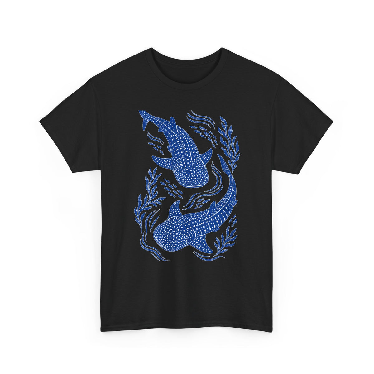 Whale Shark Linocut T-Shirt Blue Block Print Ocean Seaweed Fish Tee