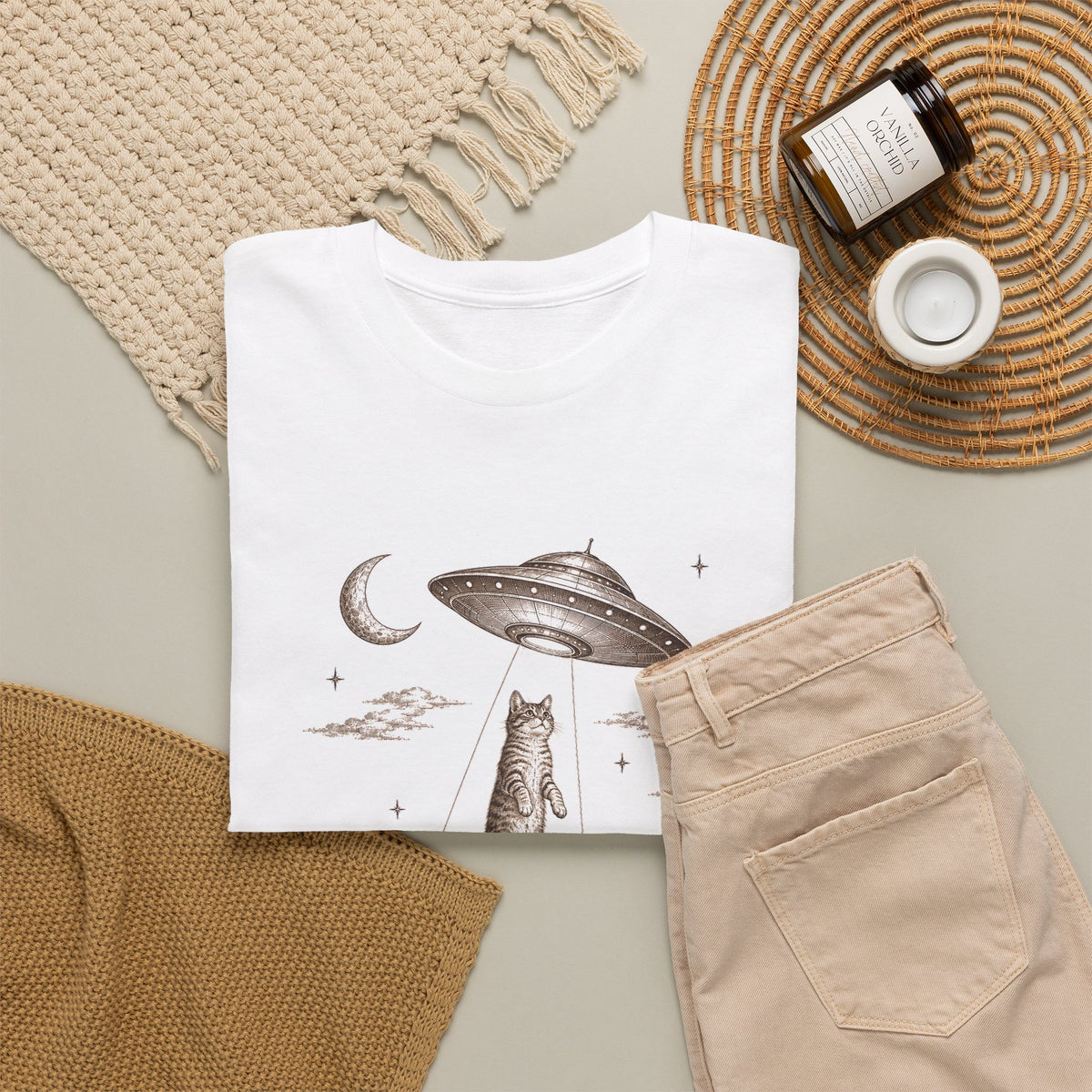 UFO Cat Abduction T-Shirt Sepia Desert Tabby Alien Beam Tee