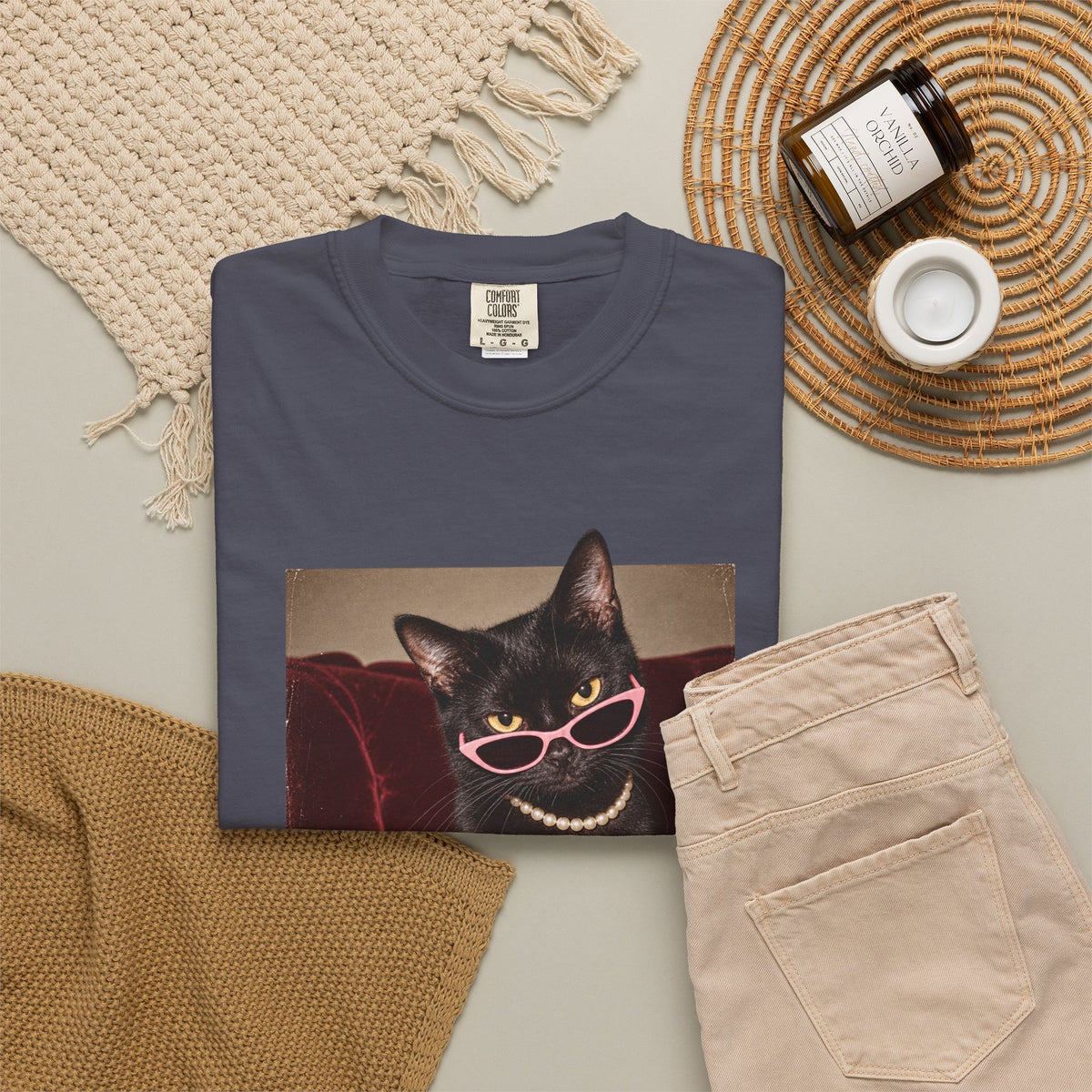 Respectfully What the Fluff Funny Cat Tee Black Cat Sunglasses Pearls Shirt