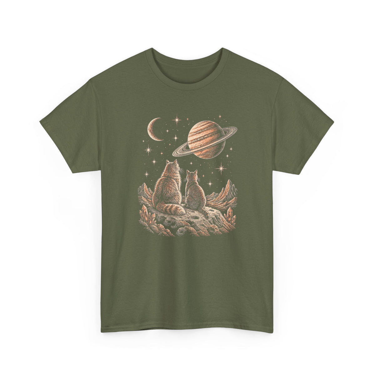 Celestial Space Cats T-Shirt Vintage Woodcut Cats Watching Stars Moon Saturn Tee