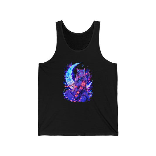 Neon Cyberpunk Cat Girl Tank Top Blue Crescent Moon Anime Cat Ears Glow Art