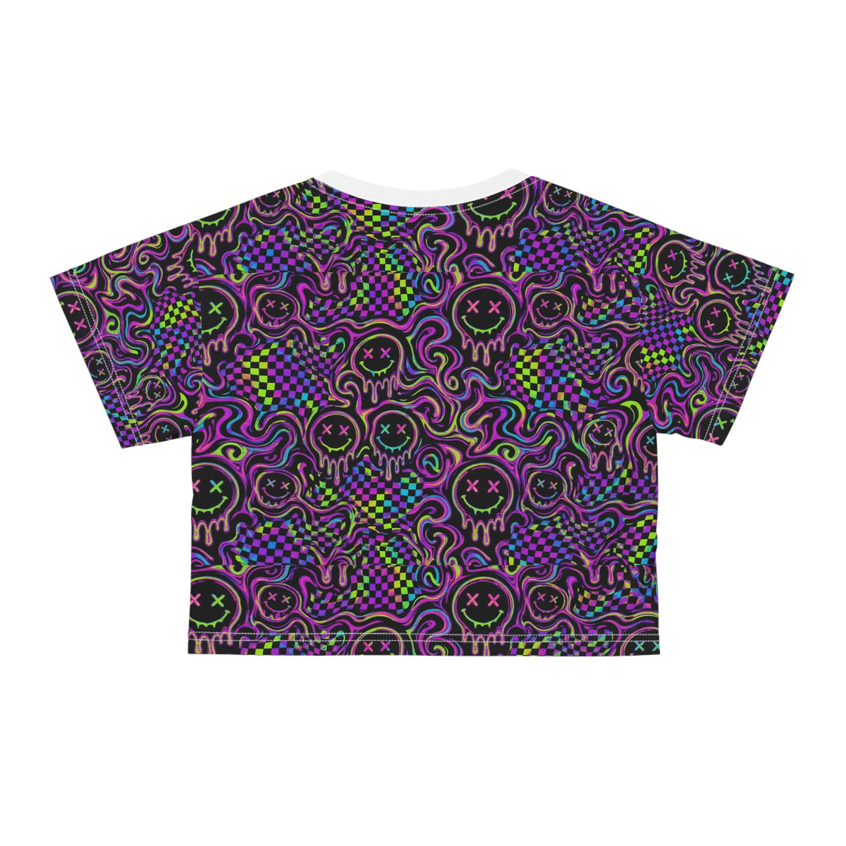 Neon Acid Smiley Rave Crop Top Women Trippy Checkerboard EDM Festival Outfit