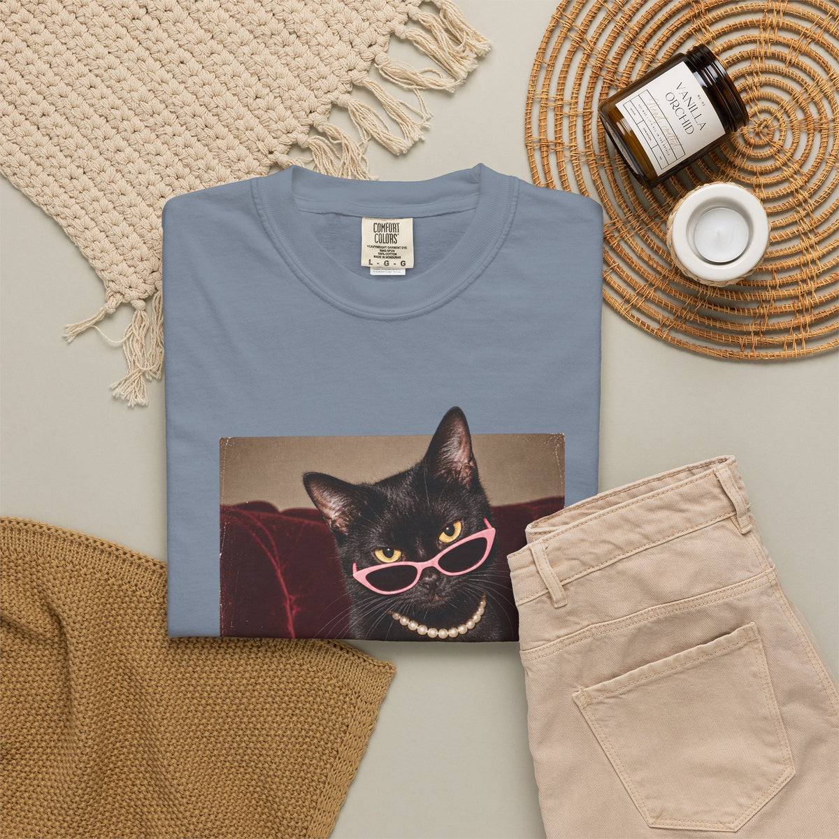 Respectfully What the Fluff Funny Cat Tee Black Cat Sunglasses Pearls Shirt