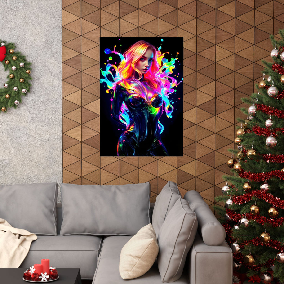 Neon Splash Rainbow Hair Woman Poster Matte Vertical Wall Art