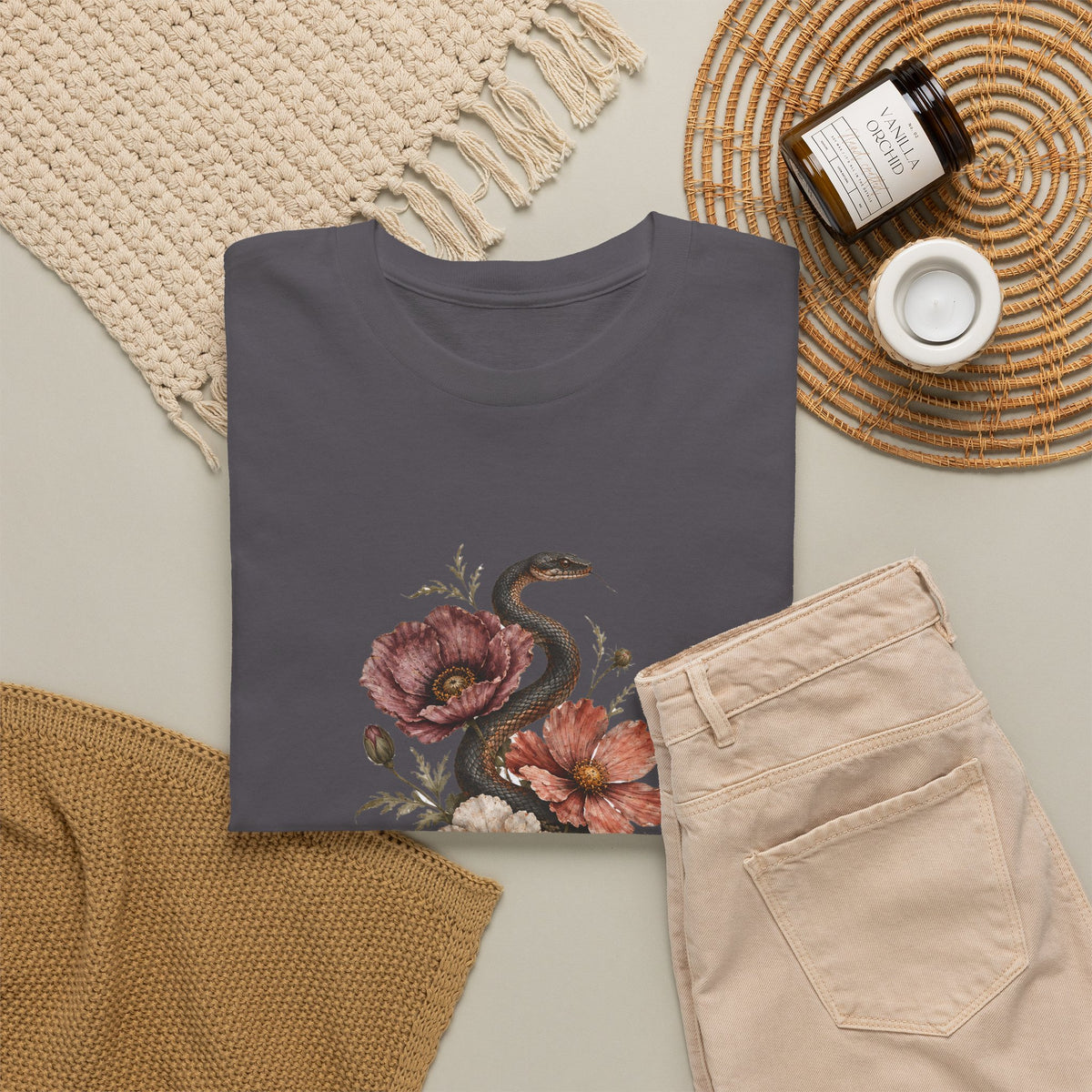 Snake and Poppies T-Shirt Vintage Botanical Serpent Flower Tattoo Style Tee