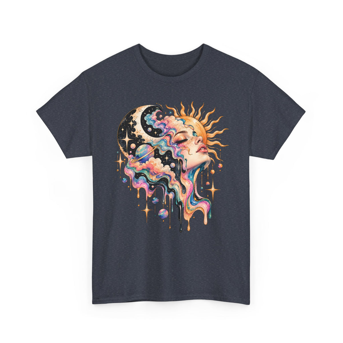 Celestial Sun and Moon Woman T-Shirt, Pastel Cloud Hair Melting Drip Planets Stars Graphic Tee Unisex