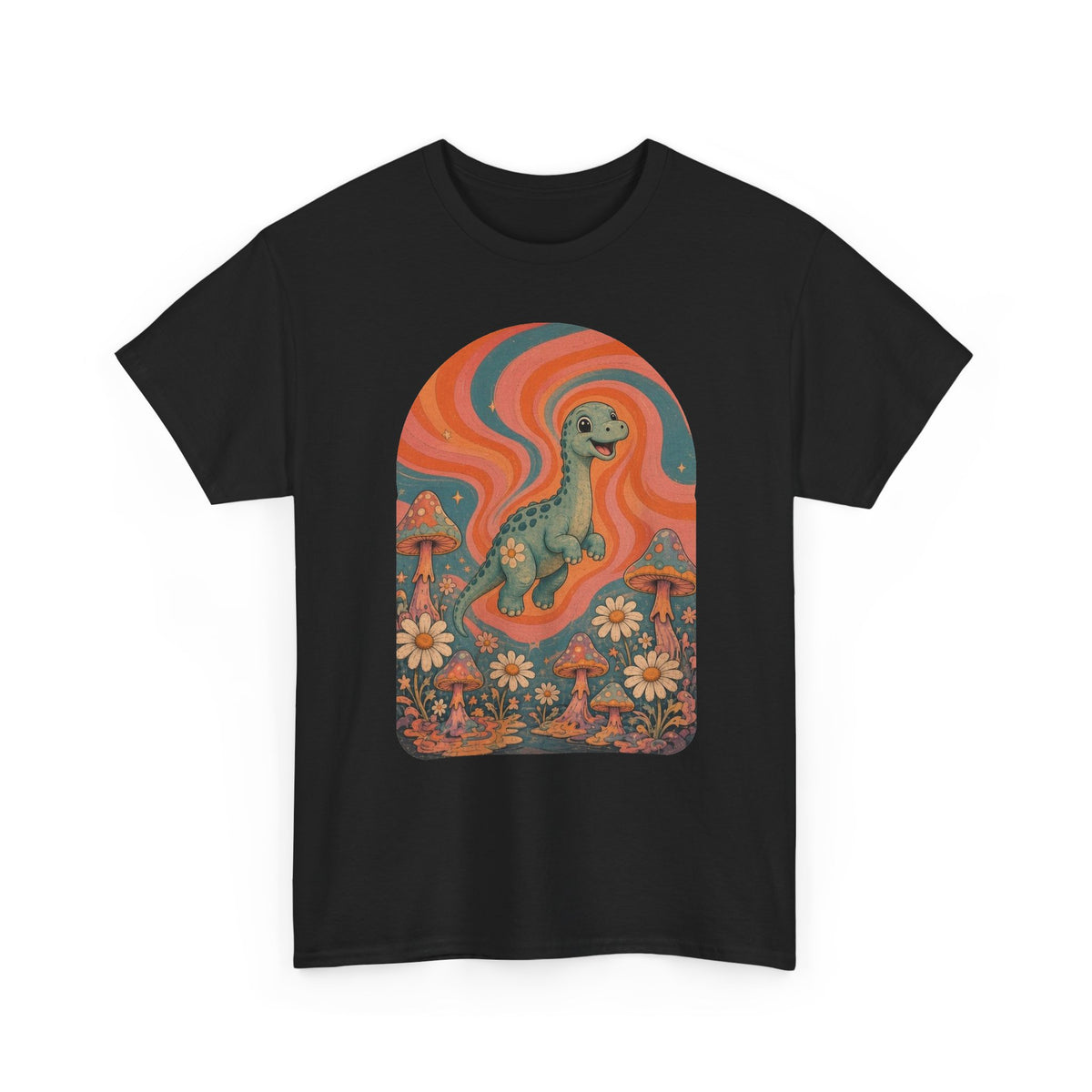Groovy Brontosaurus T-Shirt Retro 70s Dinosaur Mushrooms Daisies Tee