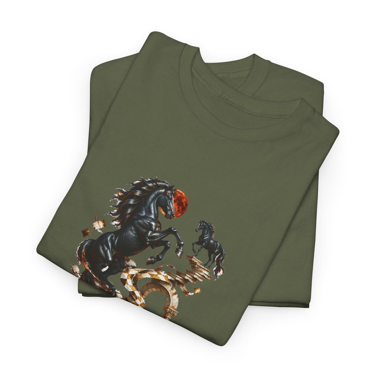 Surreal Black Horses Chess Fantasy T-Shirt Rearing Stallions Stairs Moon Tee