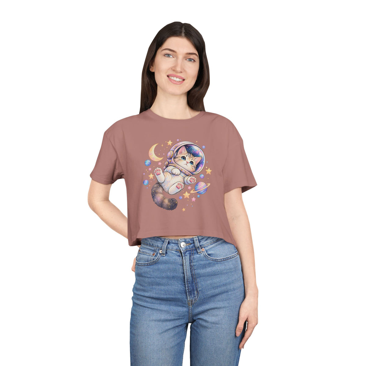 Astronaut Kitten Crop Tee, Cute Pastel Space Cat Helmet Moon Planets Stars Kawaii Women's Cropped T-Shirt