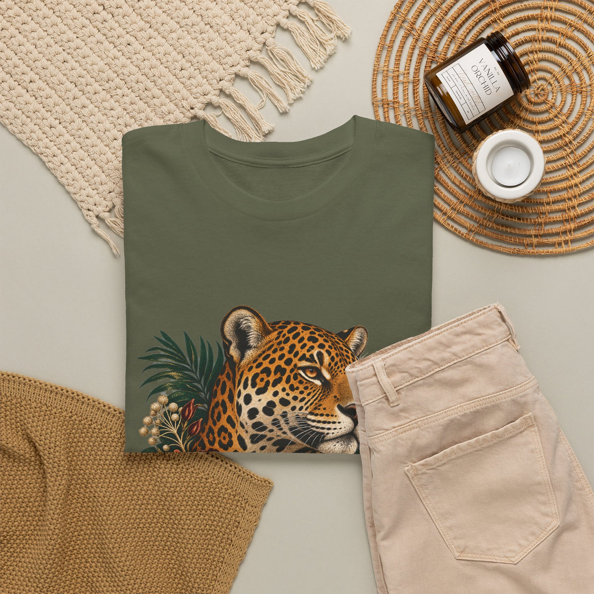 Jaguar Hibiscus Tropical T-Shirt Big Cat Floral Portrait Tee