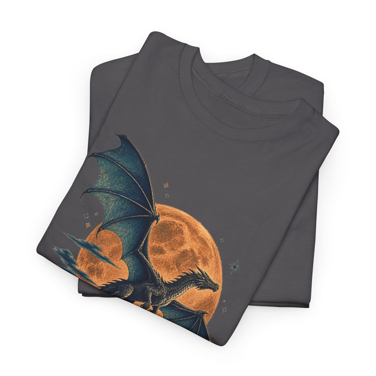 Dragon Full Moon Pine Forest T-Shirt Woodcut Fantasy Dragon Orange Moon Mountains Tee