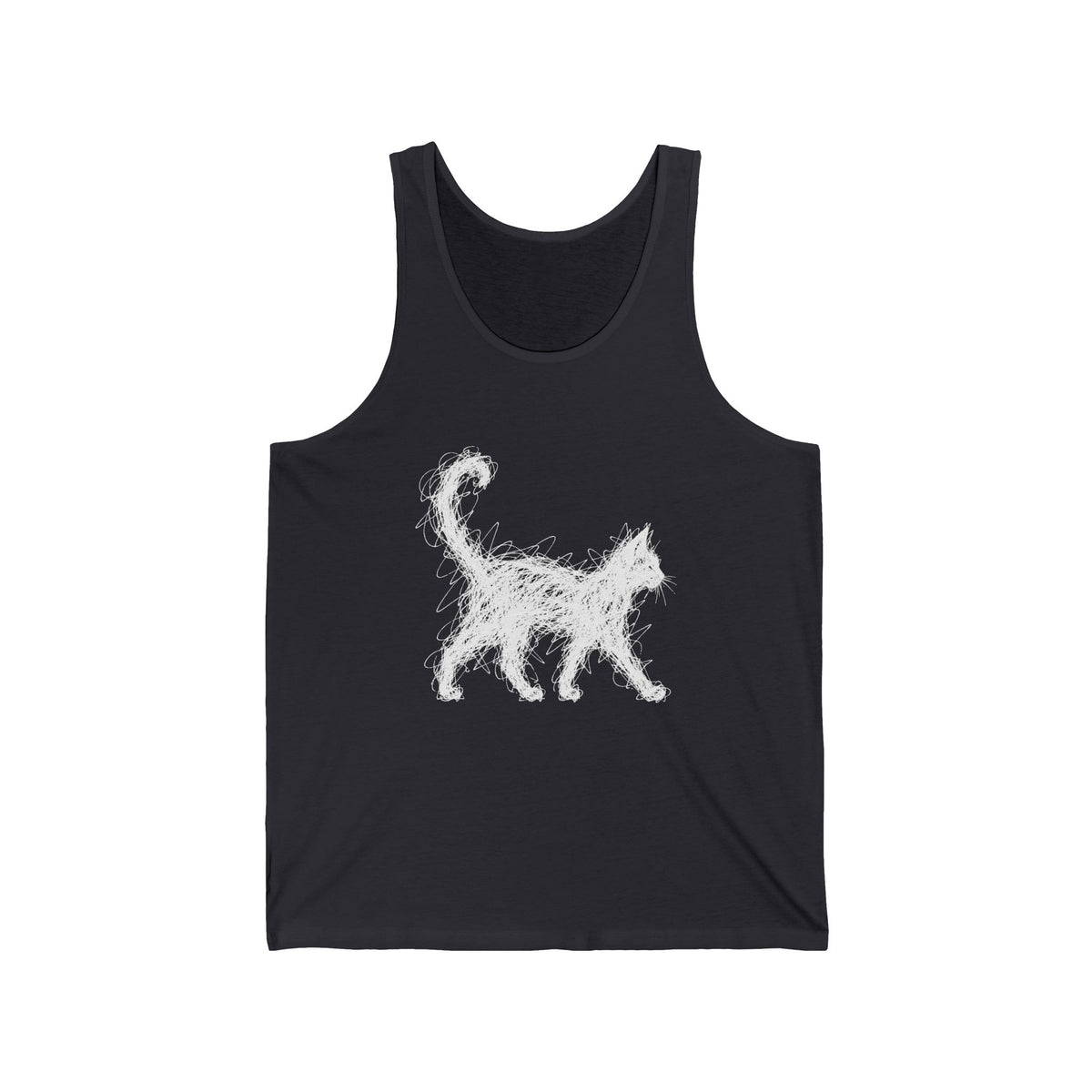 Scribble White Cat on Black Tank Top Minimal Line Art Cat