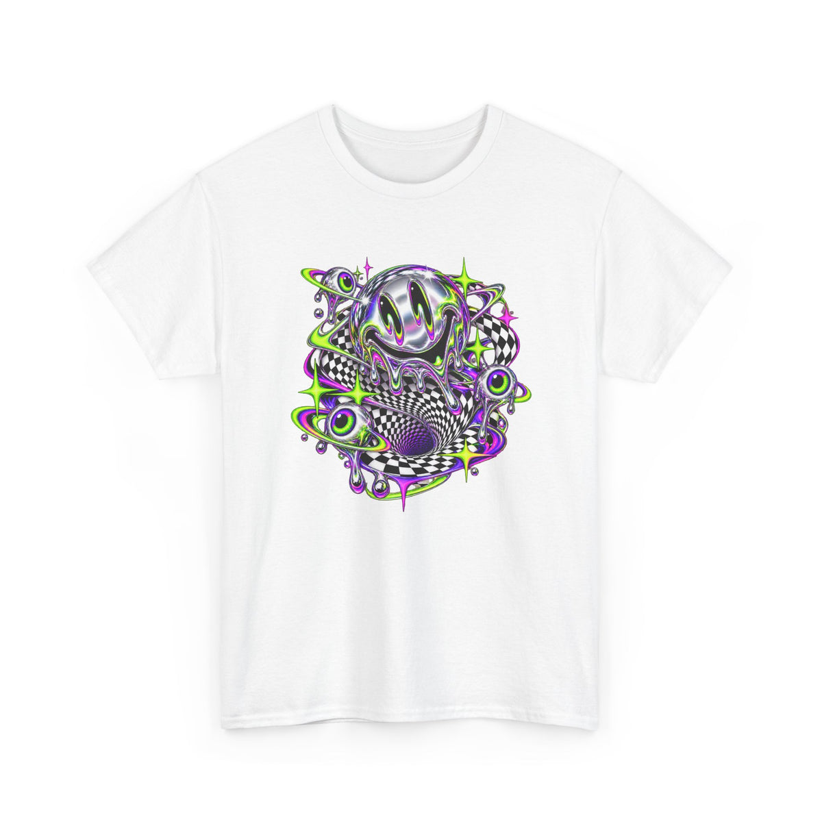 Chrome Melting Smiley T-Shirt Acid Trippy Y2K Psychedelic Tee