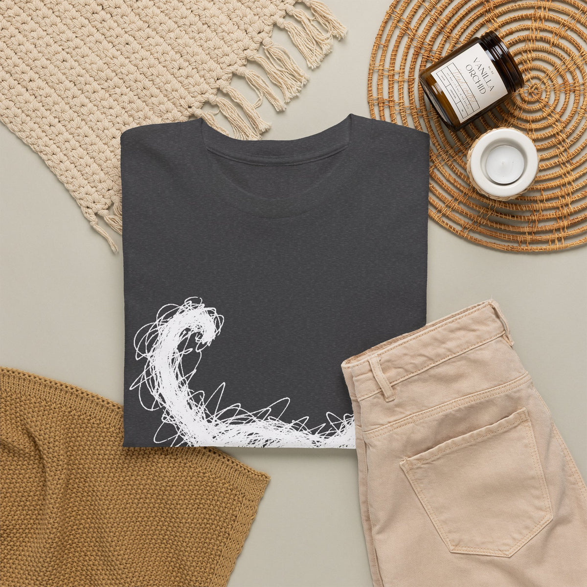 Scribble White Cat on Black T-Shirt Minimal Line Art Cat