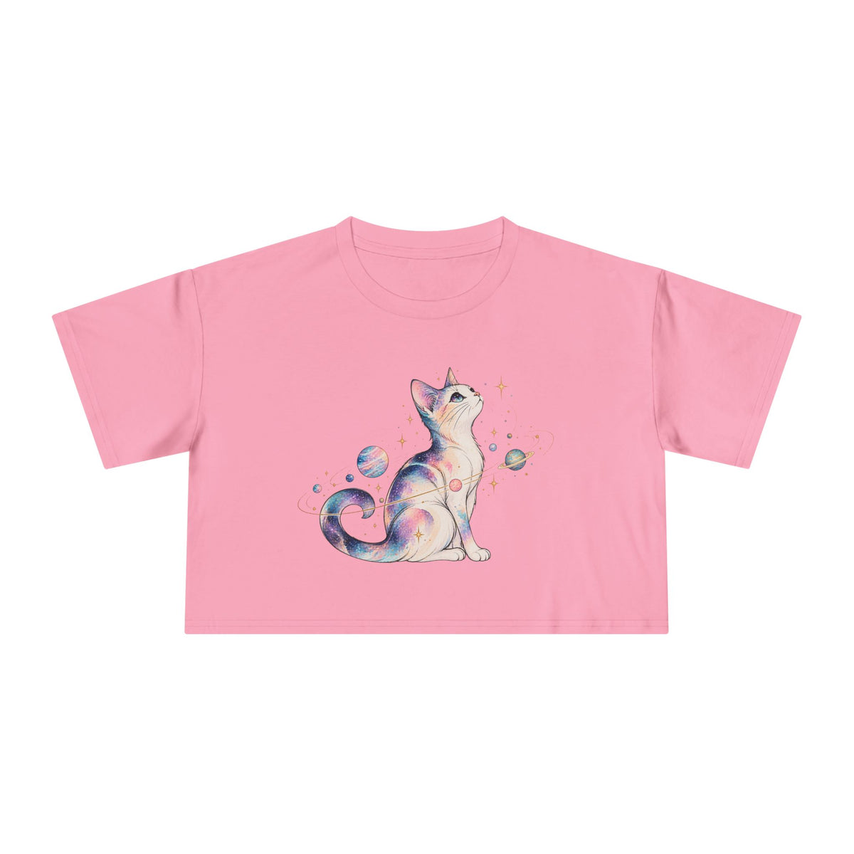 Cosmic Galaxy Cat Crop Tee, Pastel Watercolor Cat Planets Gold Stars Celestial Women's Cropped T-Shirt