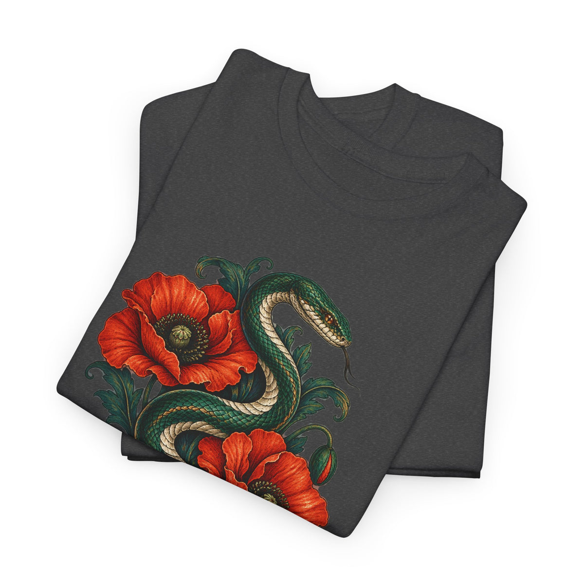 Green Snake Red Poppies T-Shirt Botanical Serpent Floral Tee