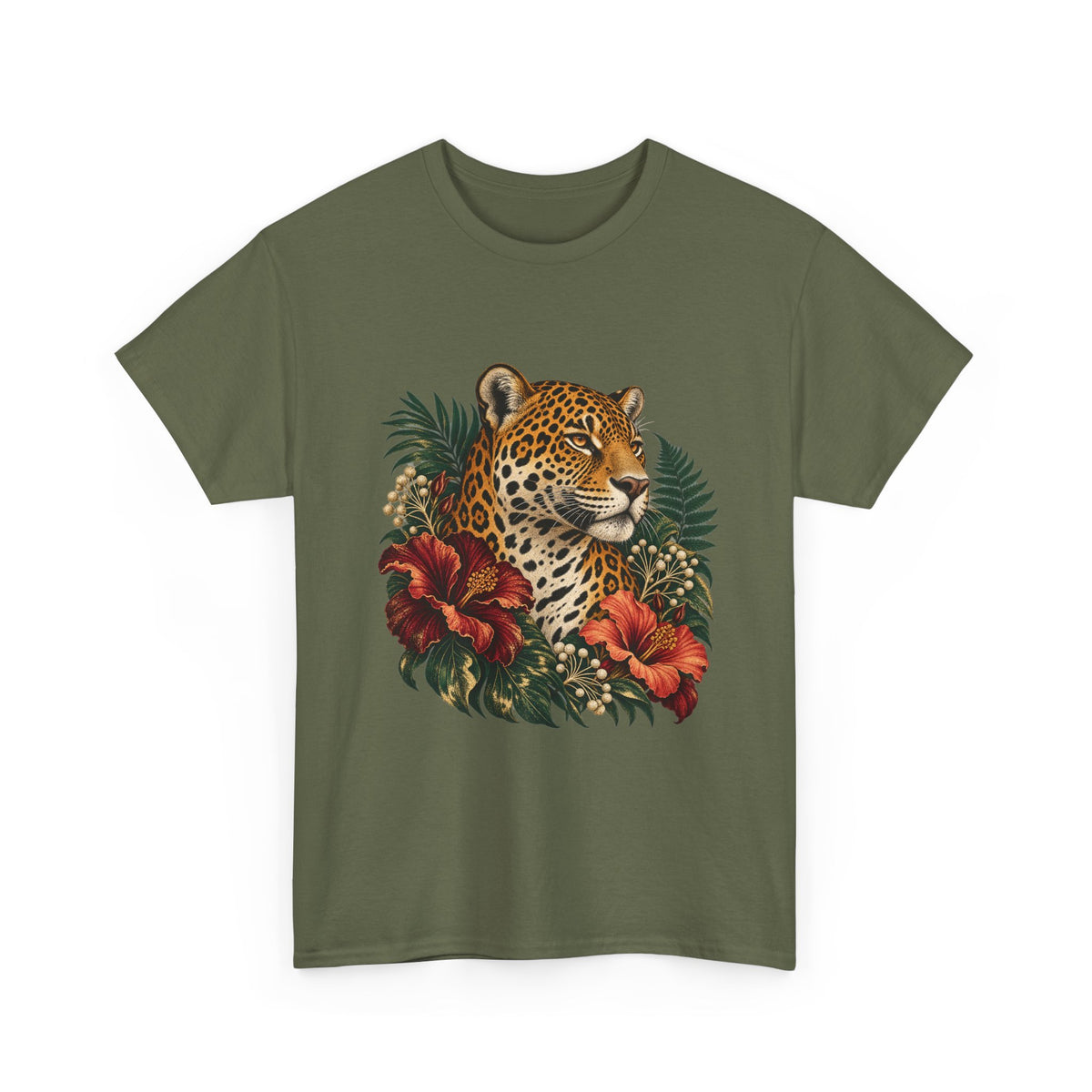 Jaguar Hibiscus Tropical T-Shirt Big Cat Floral Portrait Tee