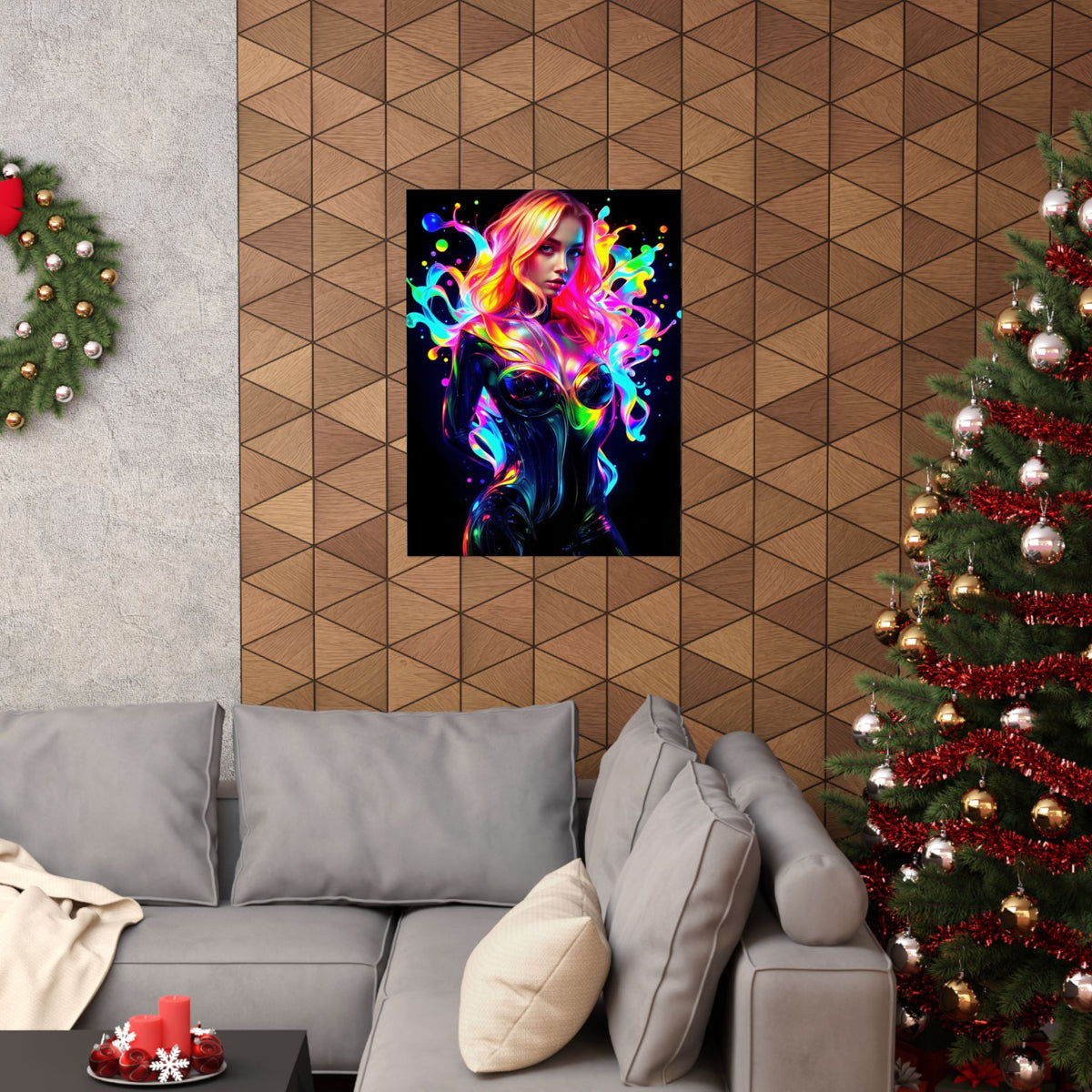 Neon Splash Rainbow Hair Woman Poster Matte Vertical Wall Art