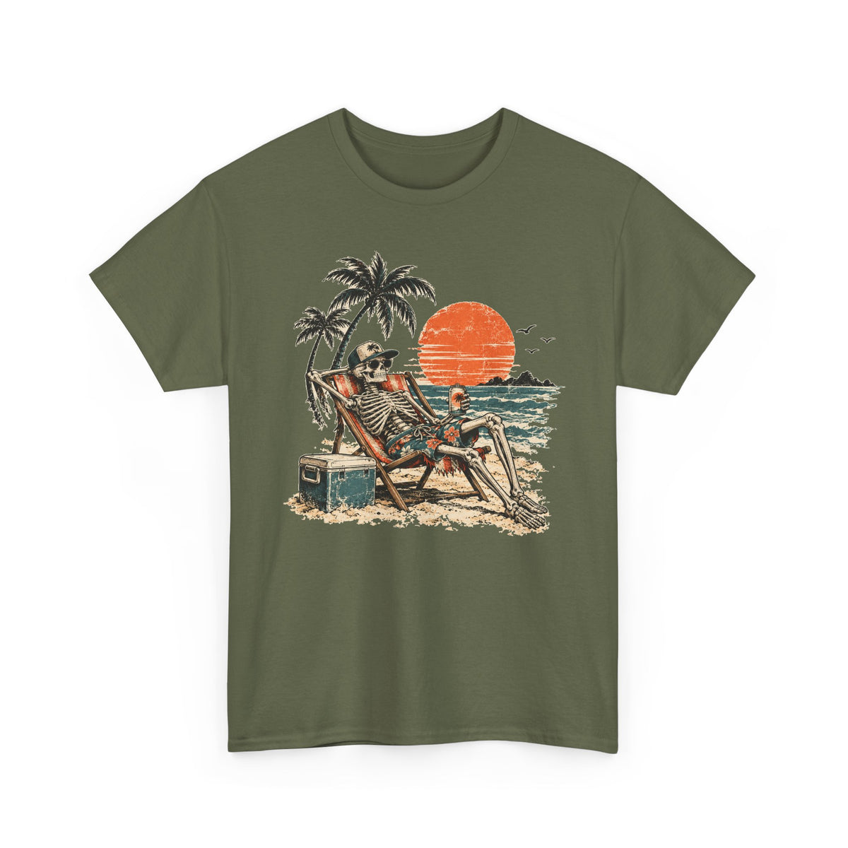 Beach Skeleton Sunset T-Shirt Palm Trees Vacation Mode Funny Skeleton Graphic Tee