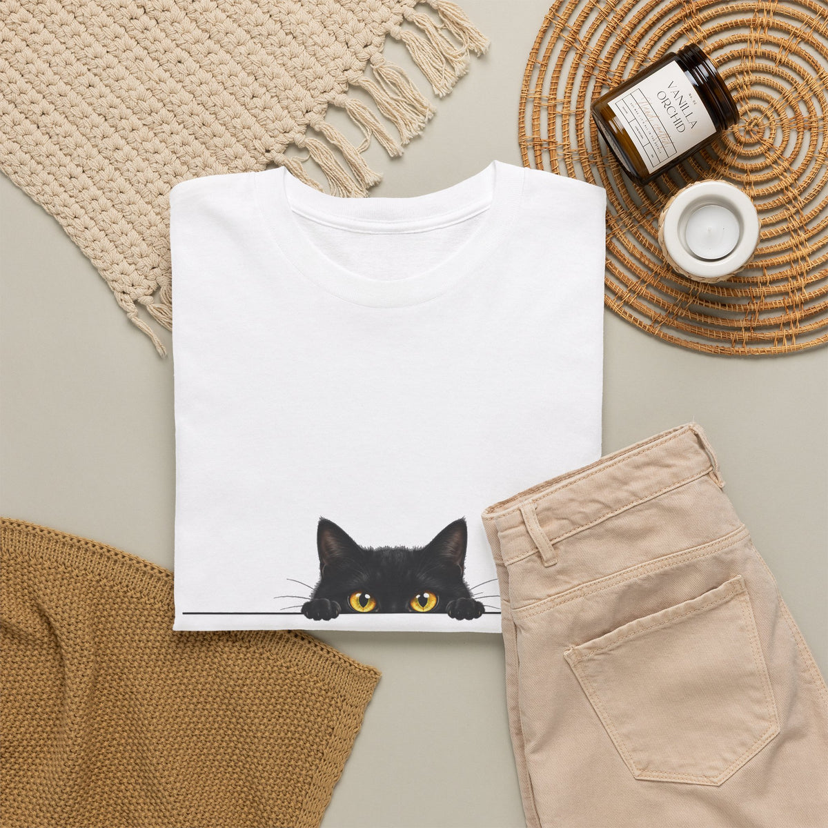 Peeking Black Cat T-Shirt Amber Eyes Over Ledge Funny Cat Lover Tee