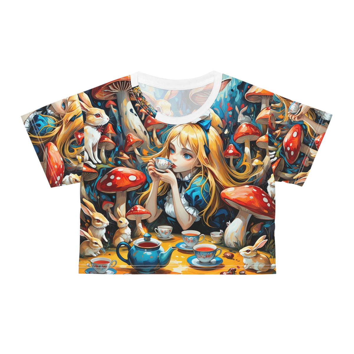 Wonderland Tea Party Crop Top Womens Mushroom Rabbit Fairytale All Over Print