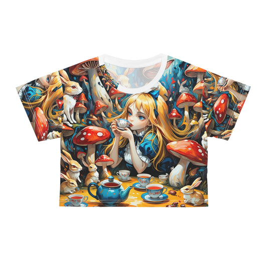 Wonderland Tea Party Crop Top Womens Mushroom Rabbit Fairytale All Over Print