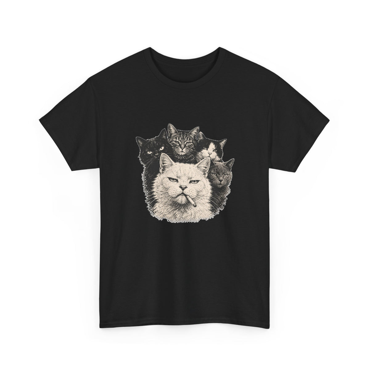 Vintage Grumpy Cats Crew T-Shirt Woodcut Smoking Cat Gang Retro Tattoo Style Tee