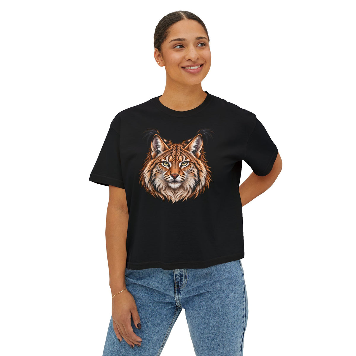 Womens Realistic Lynx Face Tee Wild Cat Lover Graphic Heavyweight Boxy T-Shirt