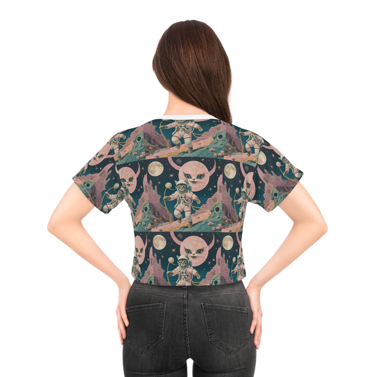 Astronaut Cat Pink Moon Face Crop Top Womens All Over Print Crop Tee