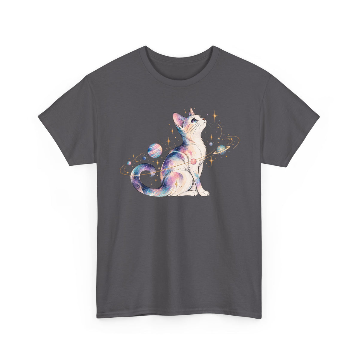 Cosmic Galaxy Cat T-Shirt, Pastel Watercolor Cat Planets Gold Stars Celestial Graphic Tee Unisex