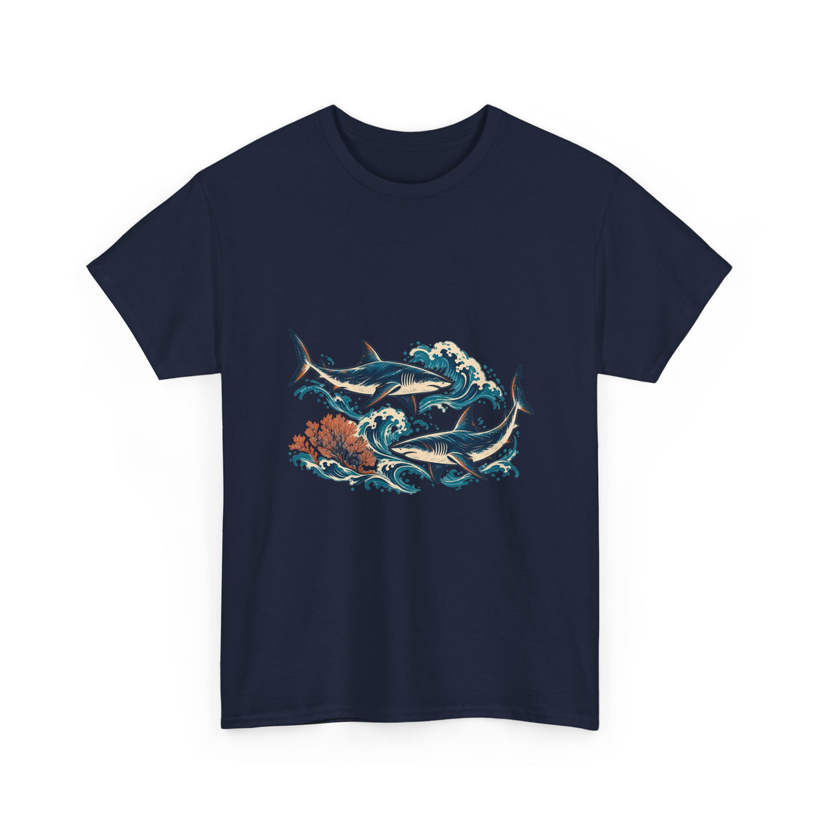 Great White Sharks Ukiyo Wave Tee Japanese Woodblock Shark Ocean Coral Shirt