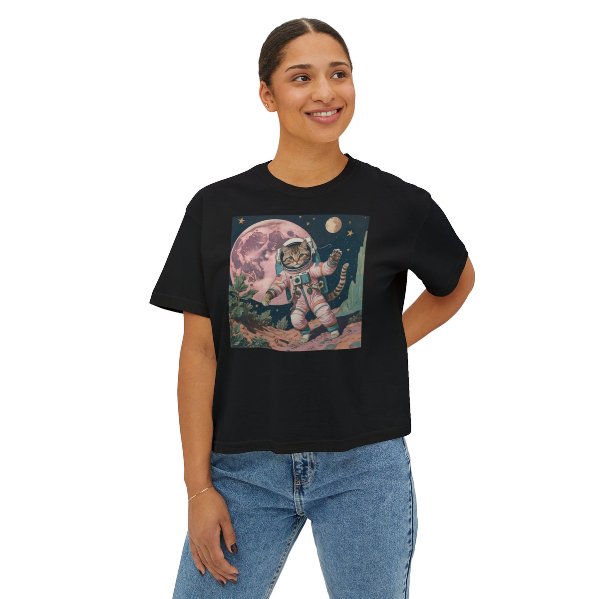 Womens Aesthetic Cats in Space T-Shirt Vintage Astronaut Cat Pink Moon Boxy Tee