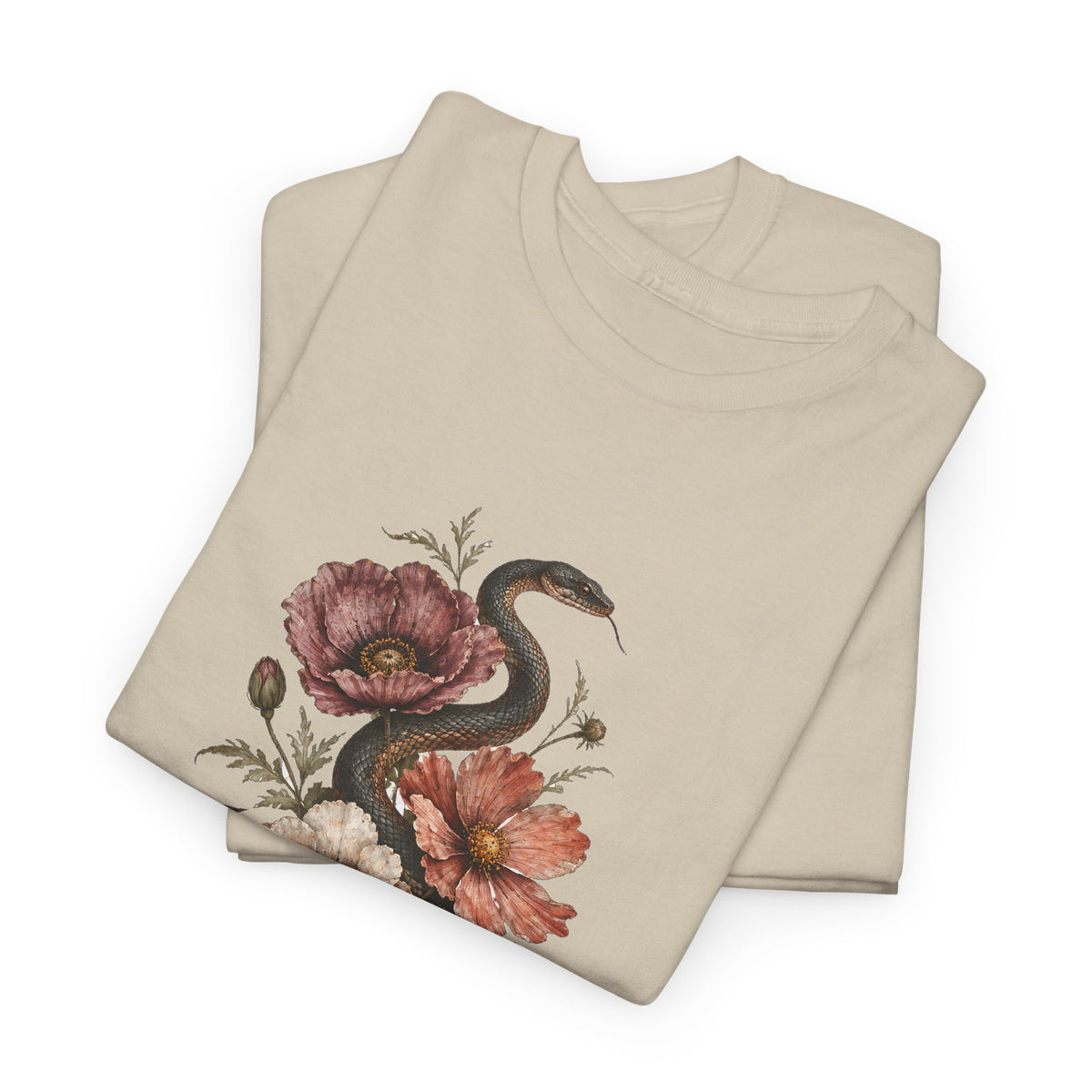 Snake and Poppies T-Shirt Vintage Botanical Serpent Flower Tattoo Style Tee