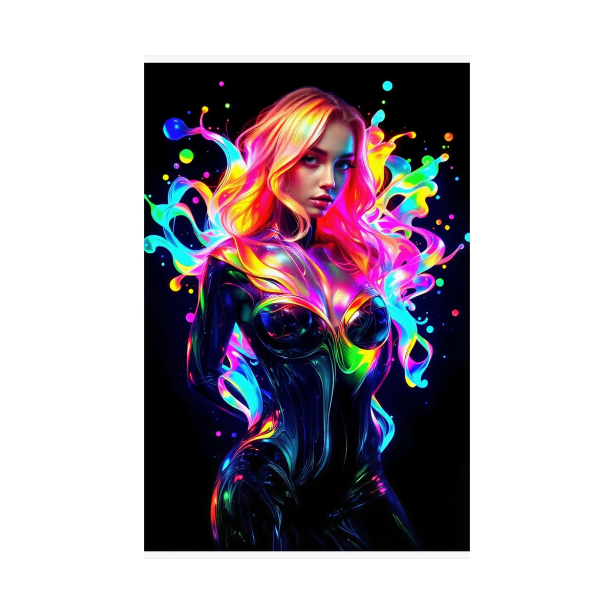 Neon Splash Rainbow Hair Woman Poster Matte Vertical Wall Art
