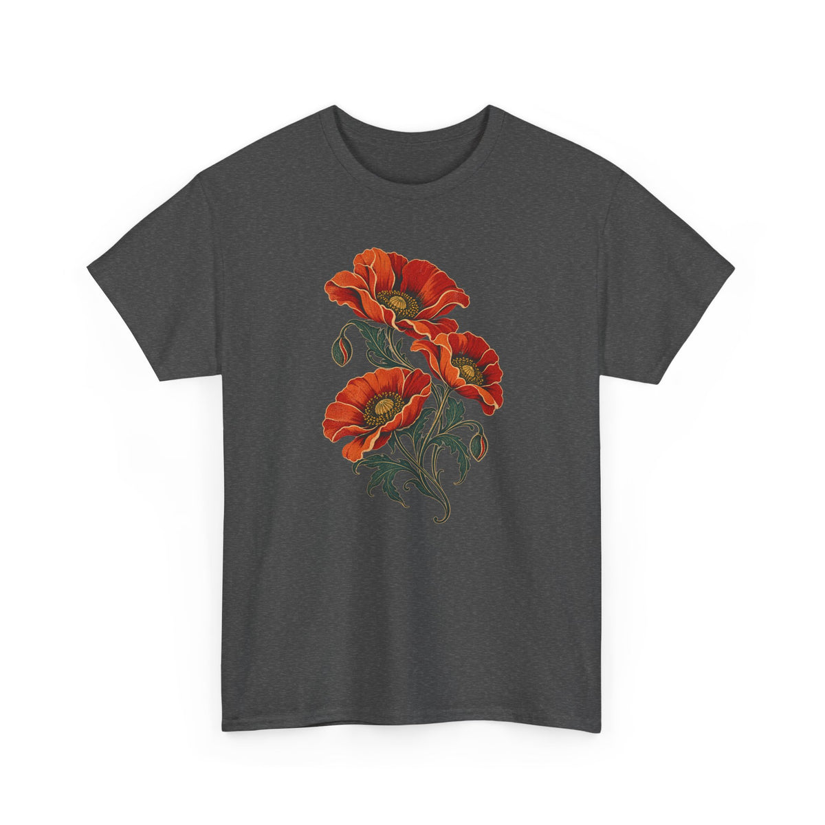 Orange Poppies Botanical T-Shirt Gold Outline Vintage Floral Tee