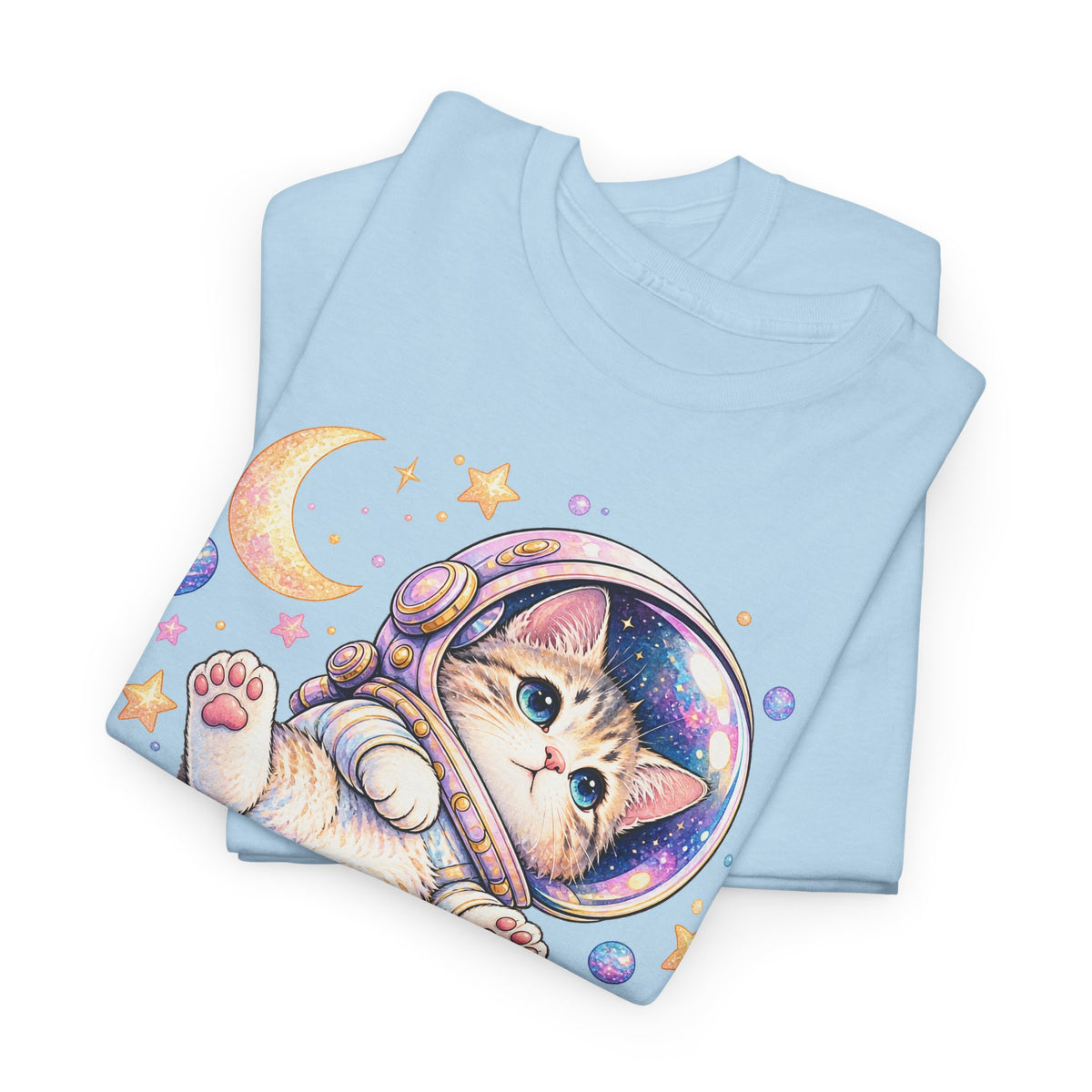 Astronaut Kitten T-Shirt, Cute Pastel Space Cat Helmet Moon Planets Stars Graphic Tee Unisex