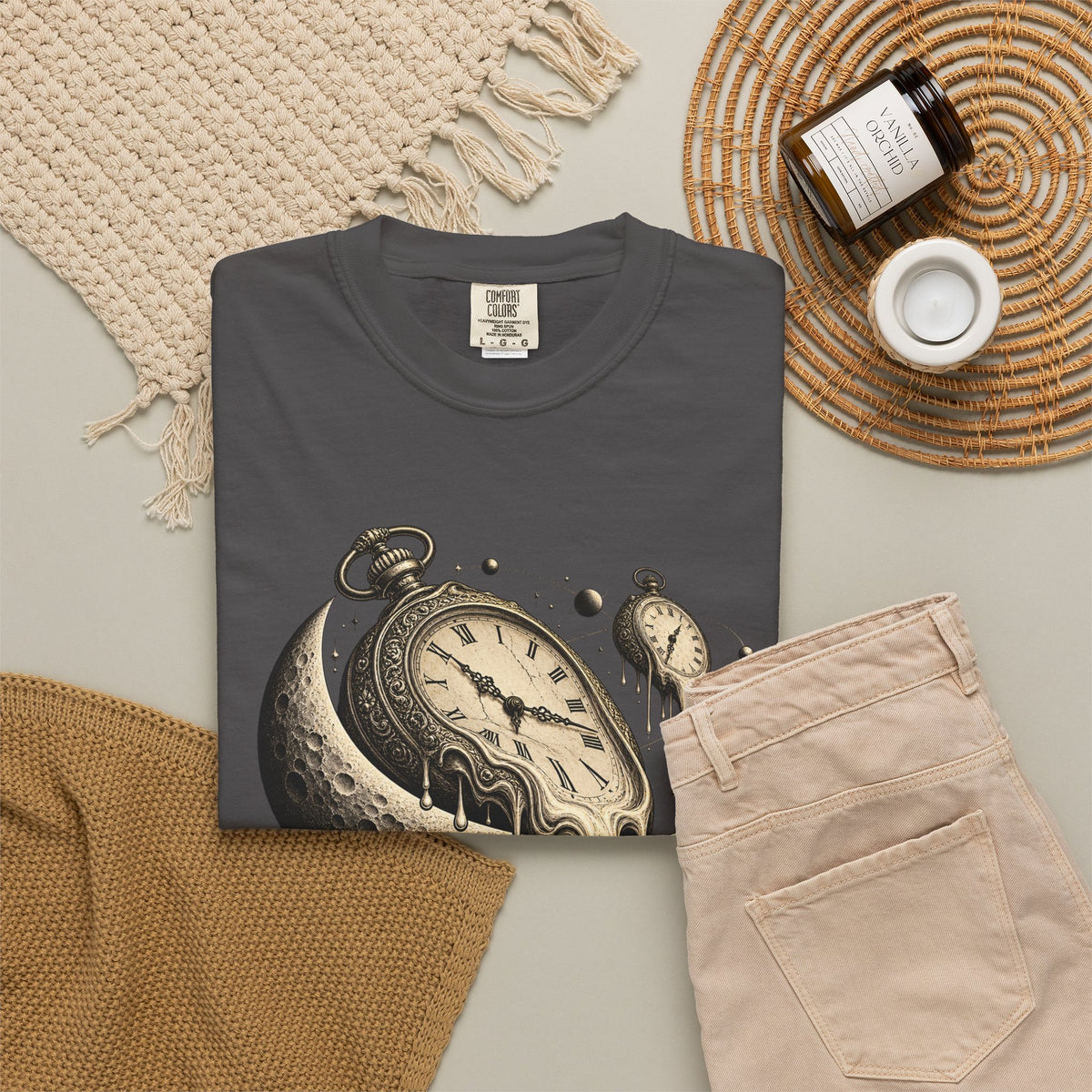 Melting Pocket Watch Crescent Moon Tee Surreal Celestial Time Shirt