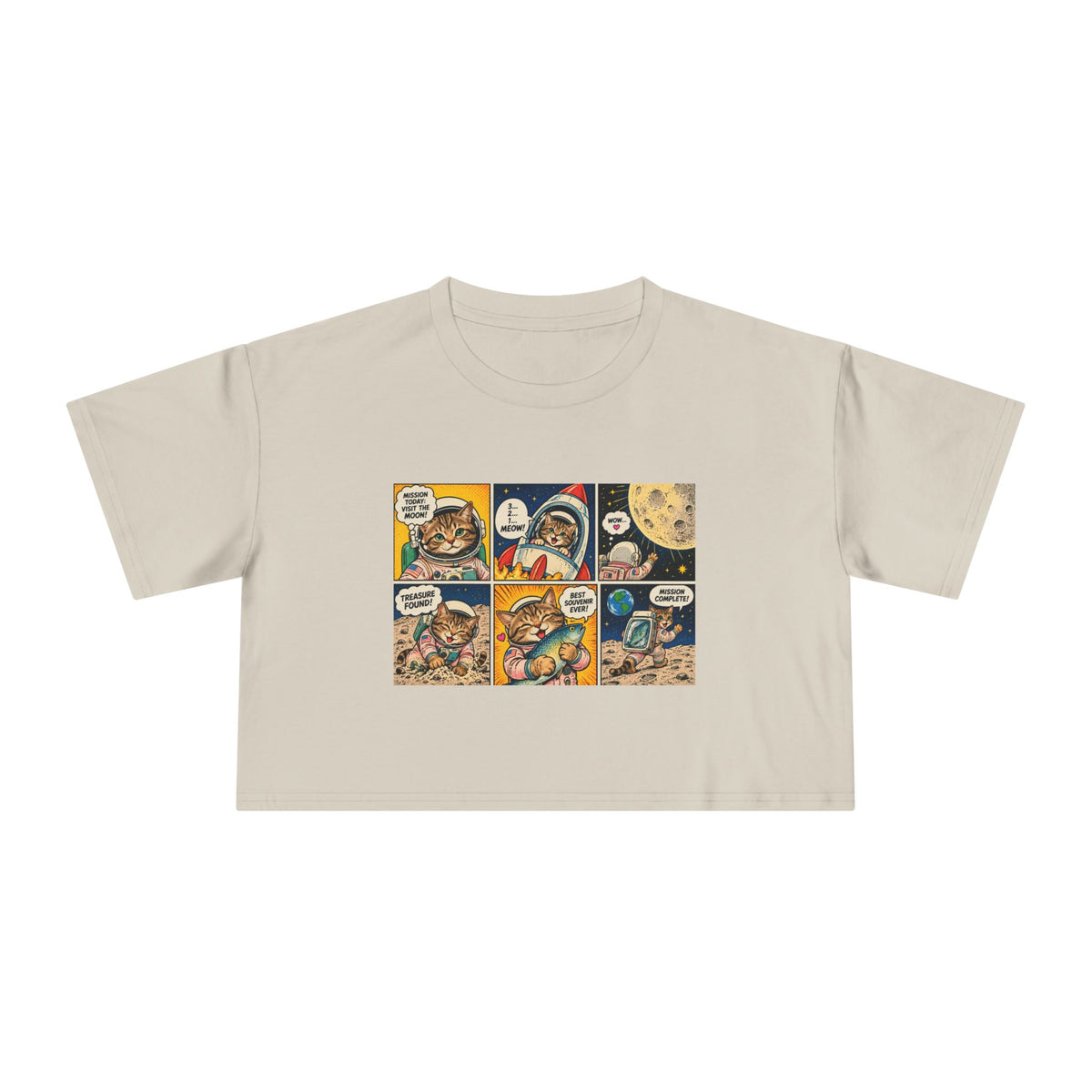 Astronaut Cat Comic Crop Tee, Space Cat Moon Mission Fish Funny Comic Strip Women's Cropped T-Shirt