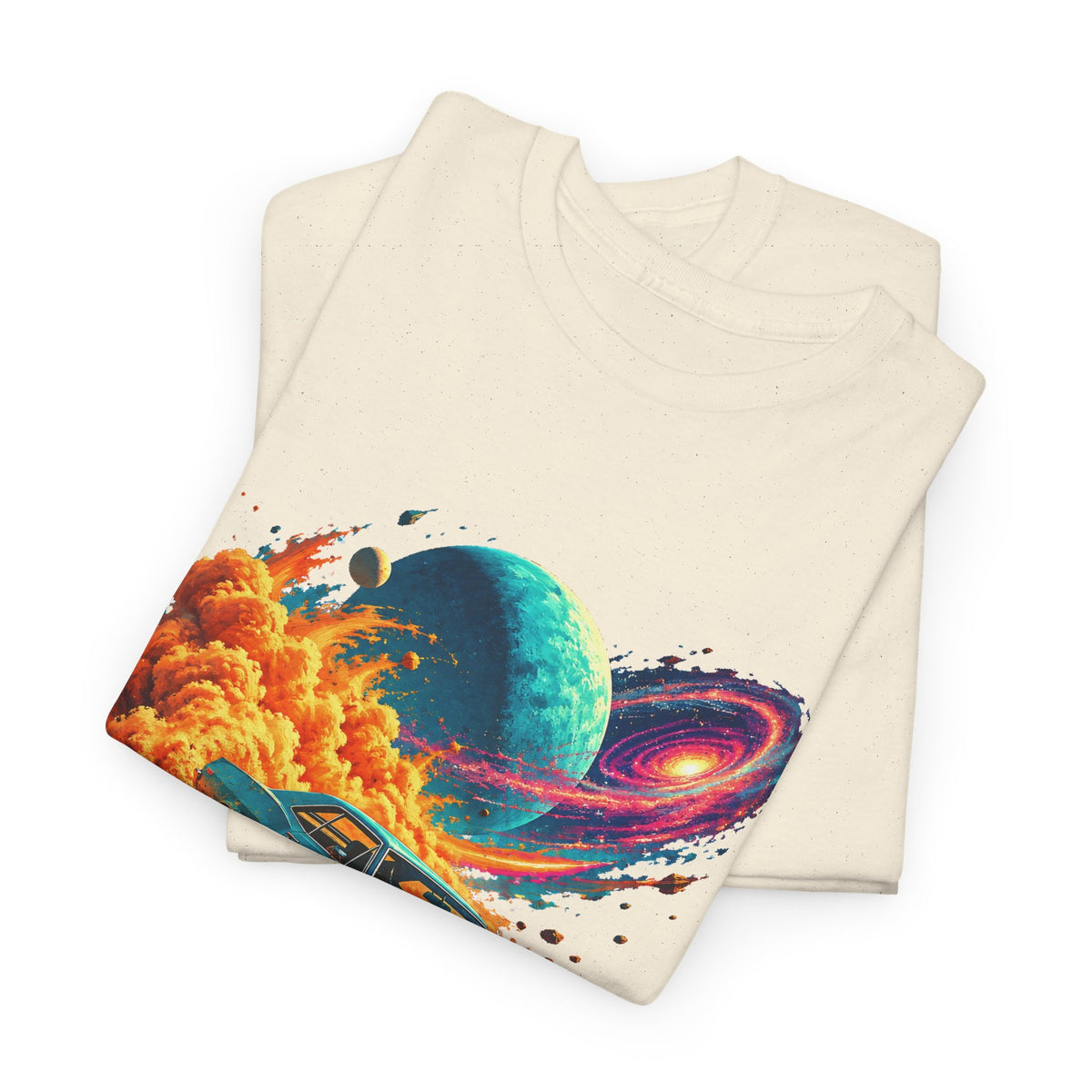 Cosmic Muscle Car Drift T-Shirt Teal Classic Car Orange Dust Planet Galaxy Art