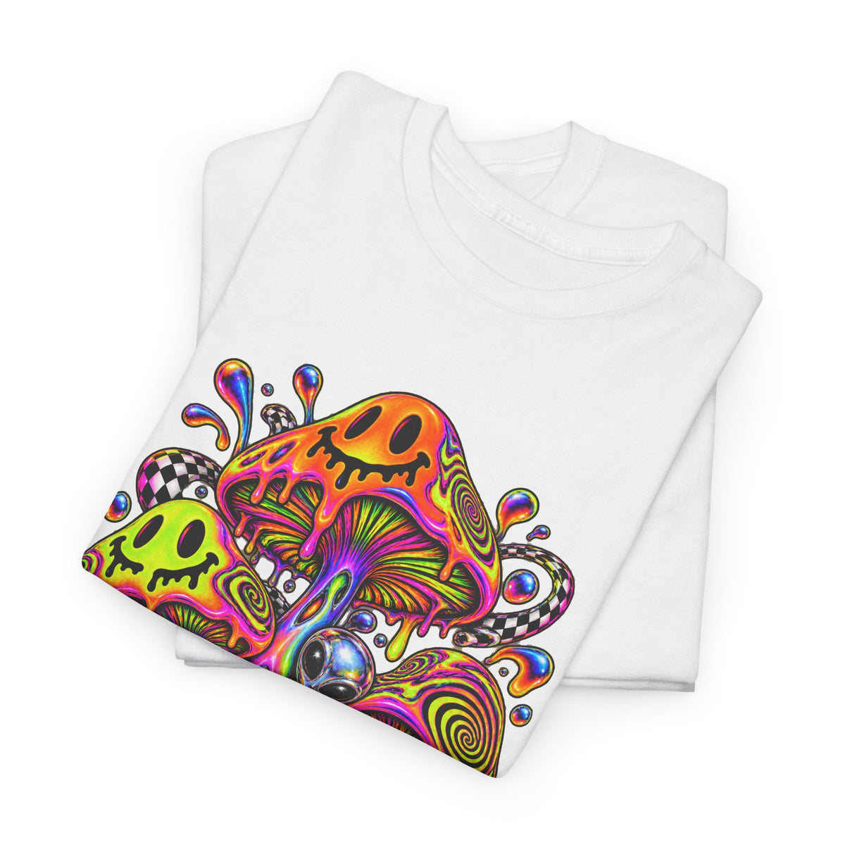Neon Smiley Mushrooms T-Shirt Acid Alien Trippy Psychedelic Tee