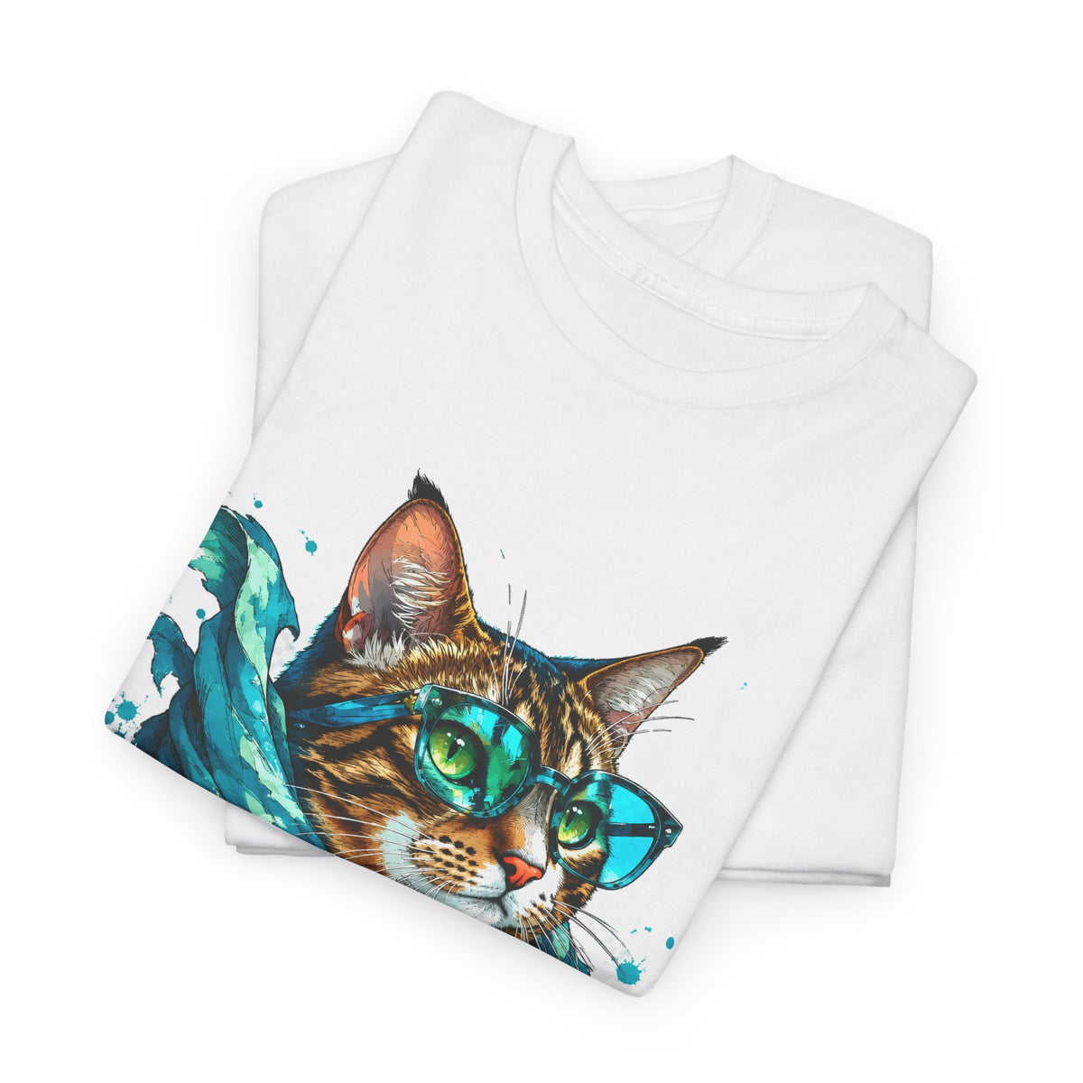 Tabby Cat in Glasses and Scarf T-Shirt Cool Hipster Cat Teal Splash Art