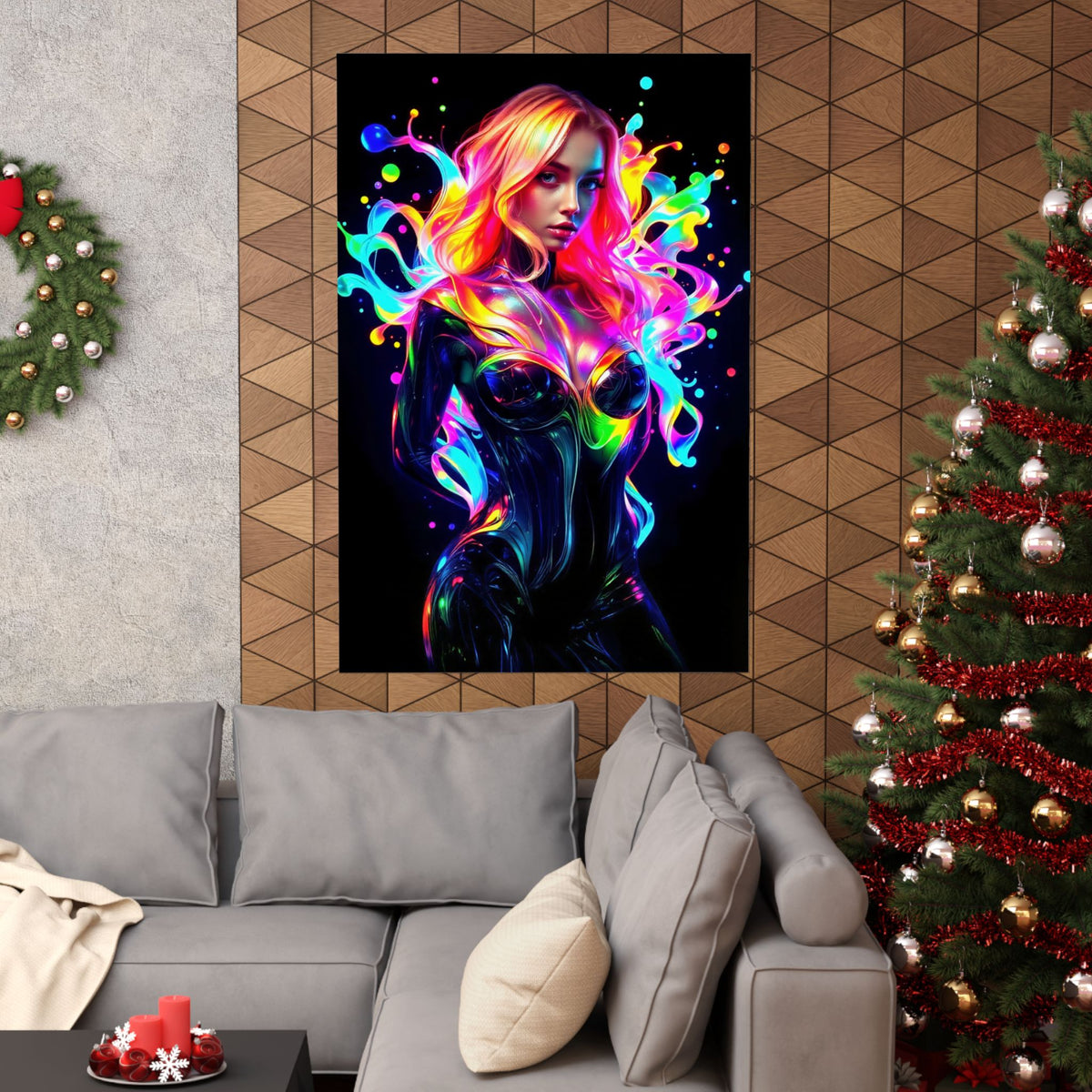 Neon Splash Rainbow Hair Woman Poster Matte Vertical Wall Art