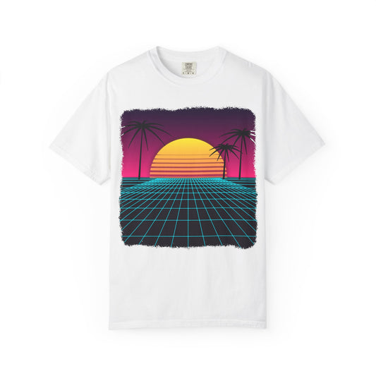Retro 80s Synthwave Sunset Palm Trees Tee Vaporwave Neon Grid Shirt