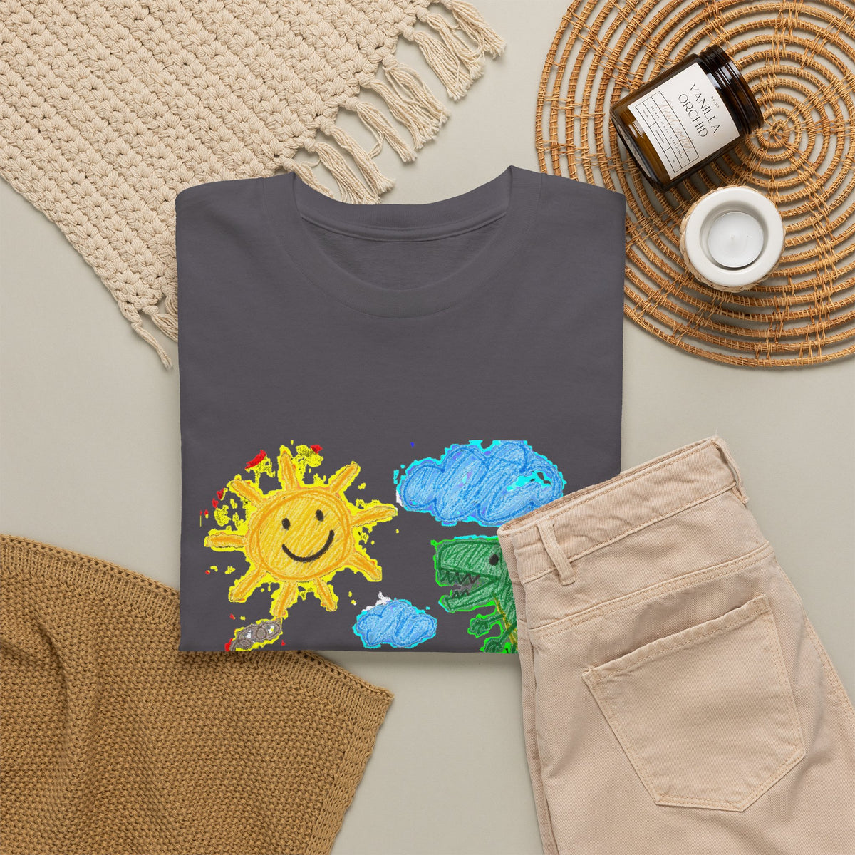 Kids Crayon Drawing T-Shirt Dinosaur Dog Sun House Cute Childlike Art Tee