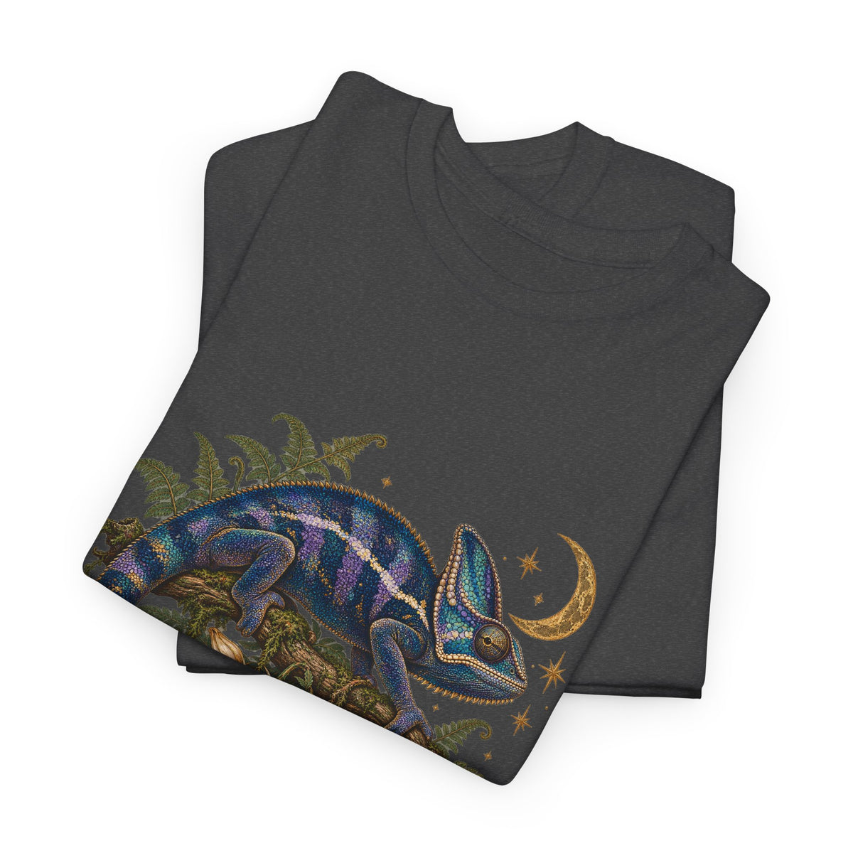 Night Bloom Chameleon T-Shirt Celestial Crescent Moon Ferns Reptile Tee