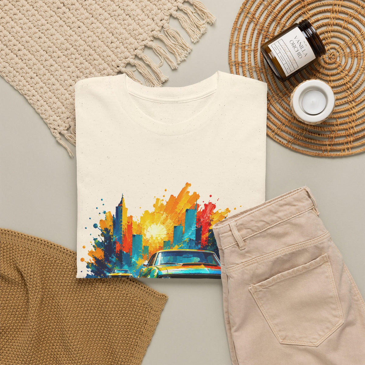 Paint Splash Muscle Car T-Shirt Colorful City Sunset Classic Car Art