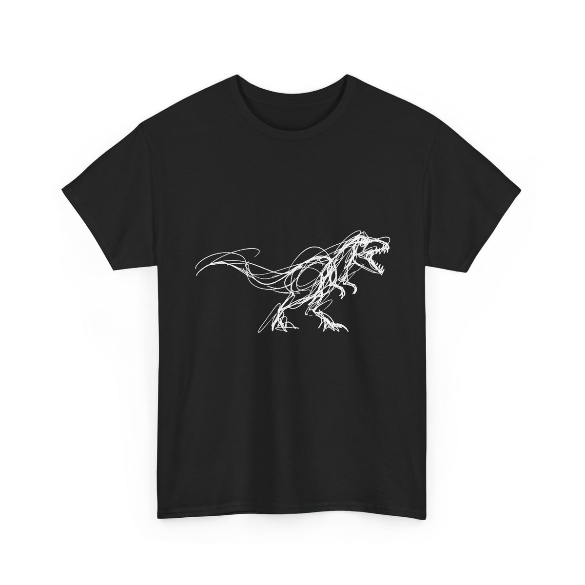 Sketchy White T-Rex on Black T-Shirt Loose Ink Dinosaur Line Art