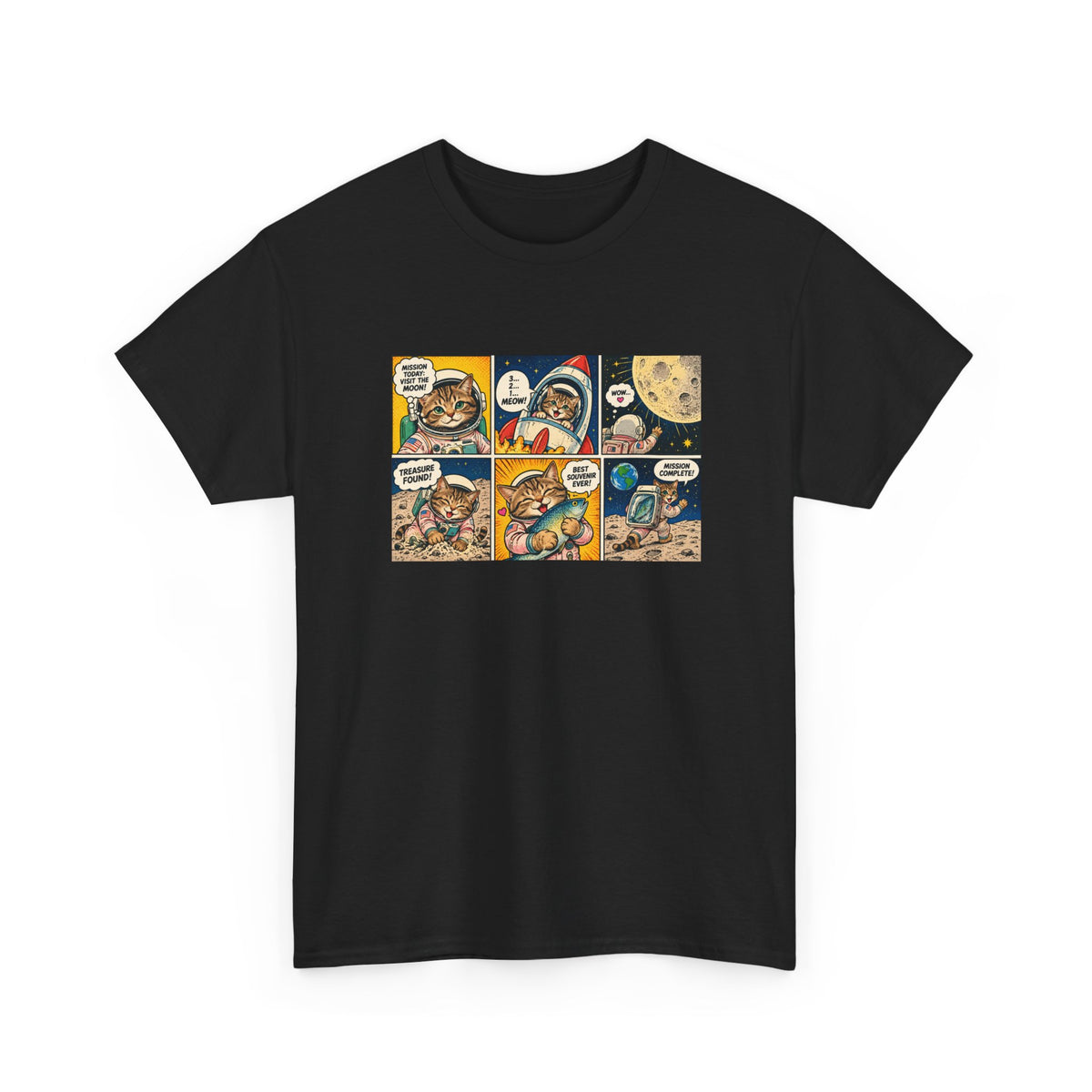 Astronaut Cat Comic T-Shirt, Space Cat Moon Mission Fish Funny Comic Strip Graphic Tee Unisex