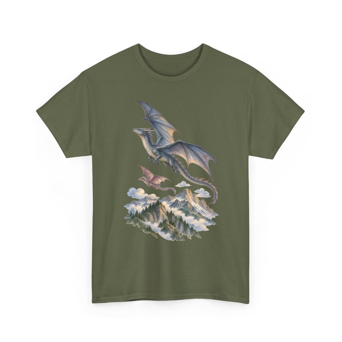 Twin Dragons Mountain Flight T-Shirt Fantasy Dragons Snowy Mountains Pine Forest Tee